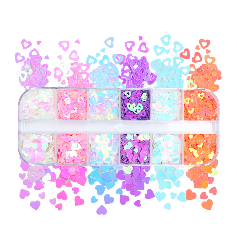 12-Pack Mermaid Colorfulful Pink Heart Nail Art Sequins Flashing Colorfulful Cut Out Heart-Shaped Nail Decorations Cross-Border