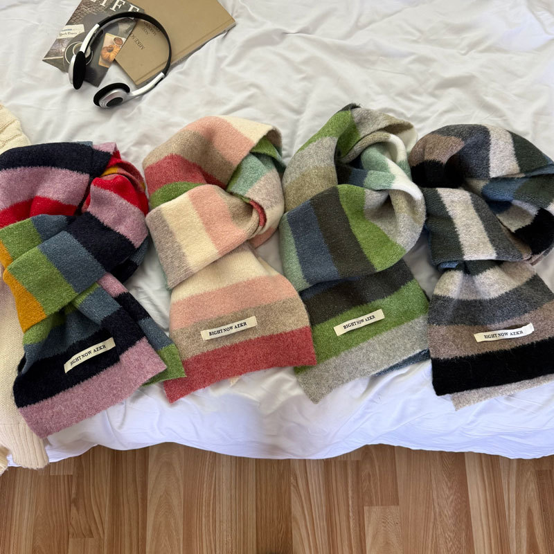 韩版ins彩虹撞色条纹针织围巾女秋冬季加厚保暖百搭高级感围脖男|undefined