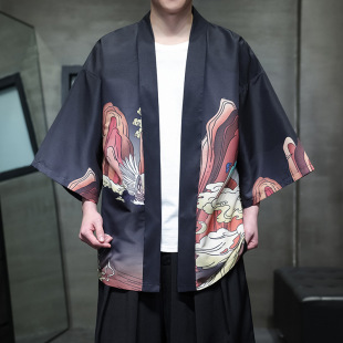 2025 Summer New Chinese Style Men's Crane Print Hanfu Trench Coat Japanese Large Size Trendy Cardigan Cloak for Men