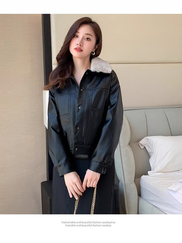 レディースレザージャケット、トレンド、ベルベット、厚みのあるソフトレザー、防寒性と暖かい、韓国風、取り外し可能な大きなファー襟のショートジャケット|undefined
