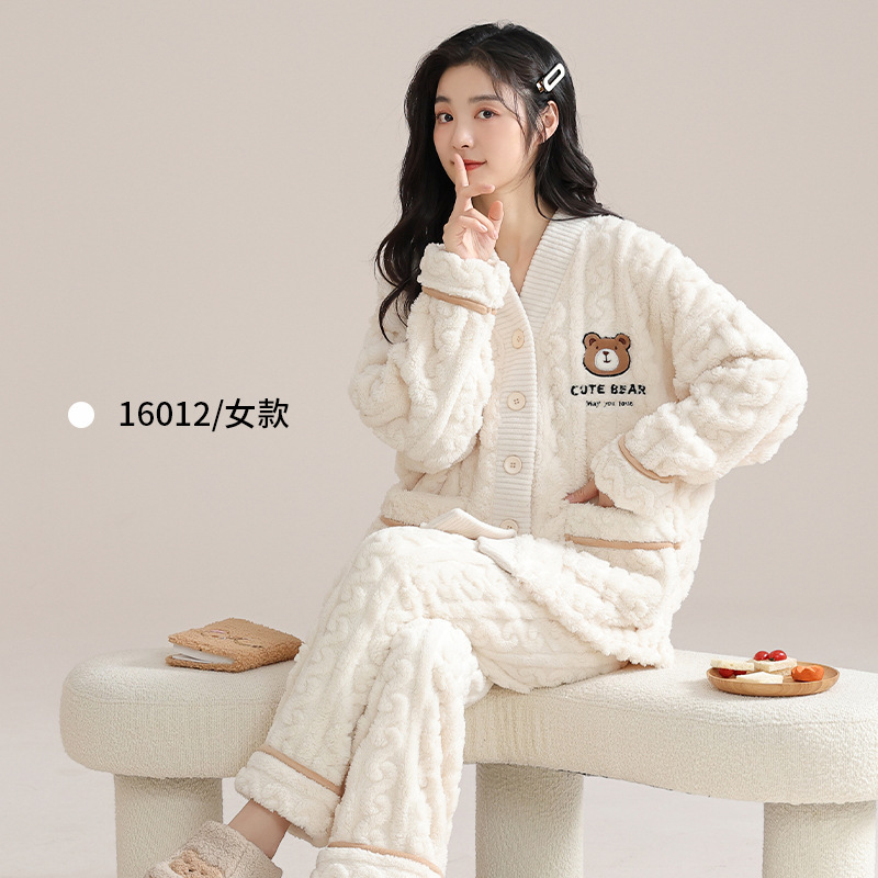 品牌同款珊瑚绒睡衣女秋冬季加绒可外穿立领法兰绒女士家居服套装|undefined