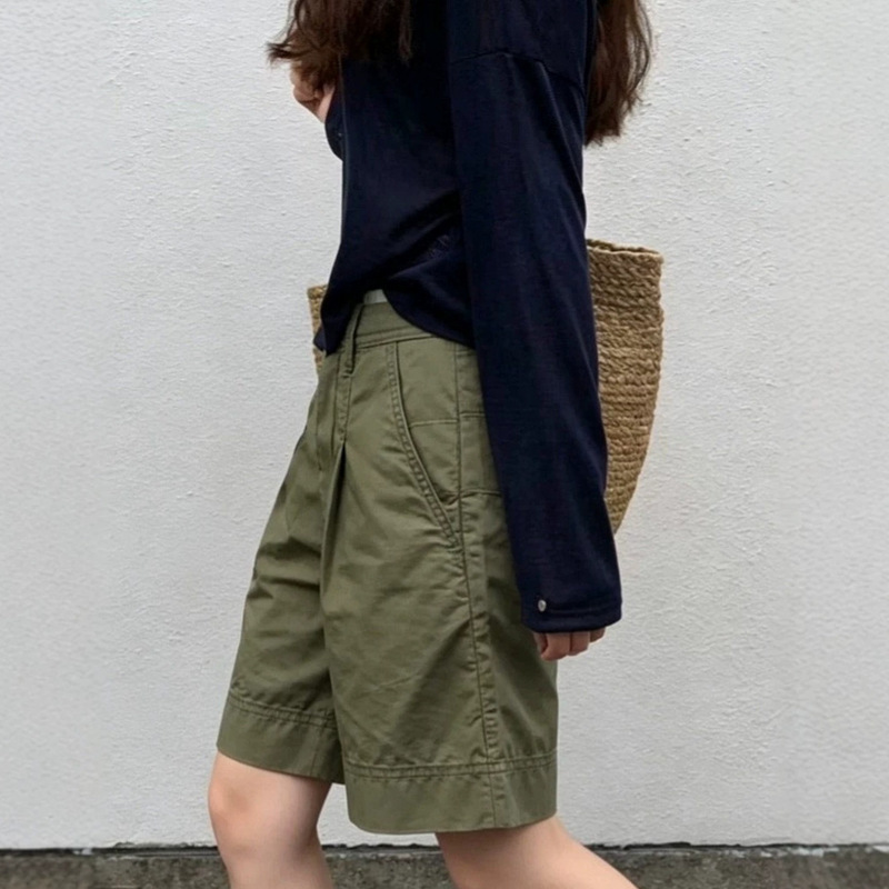 Summer Stylish Thin Pants Versatile Casual Sports Retro High-Waisted Army Green Workwear Five-Point Wide-Leg Pants for Women