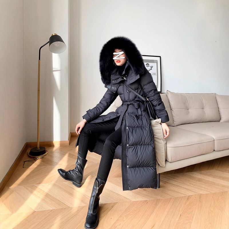 genuine goods High-end Lightweight Fox Fur White Duck Down Thickened Waist Slimming Hooded Long Over-the-Knee Down Jacket for Women