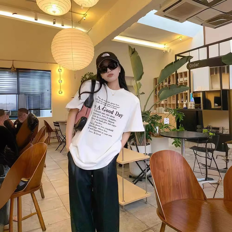 Cotton Bag Collar Cartoon Printed Short-sleeved T-shirt Women's 2025 Summer New Arrival Loose Mid-length Fashionable All-match Casual Shirt