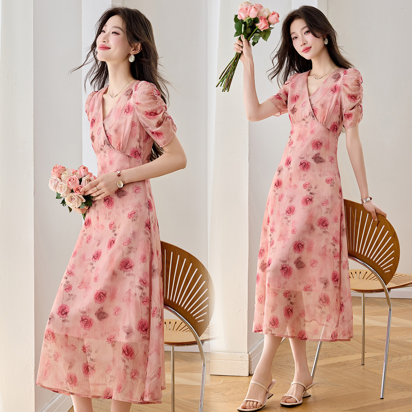 Đầm maxi nữ cổ V thắt eo in hoa dáng dài WA9513 — Hoa hồng