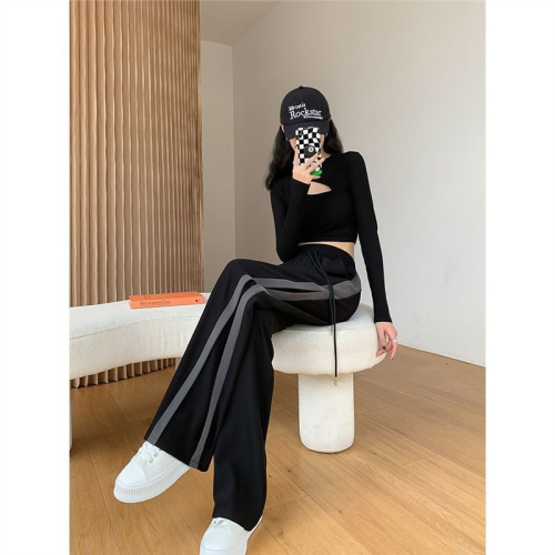 Stylish A-line Sport Trousers for Women, Spring and Autumn, High-Waisted, Slimming, Taller, Straight Leg, Floor-Length