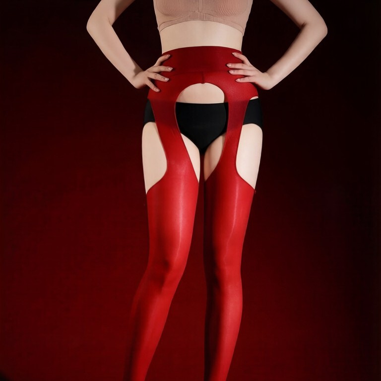 Plus Size Horse Oil Oil-Shine Black Ultra-Thin Anti-Snag Sexy Open-Crotch Pantyhose with Suspenders