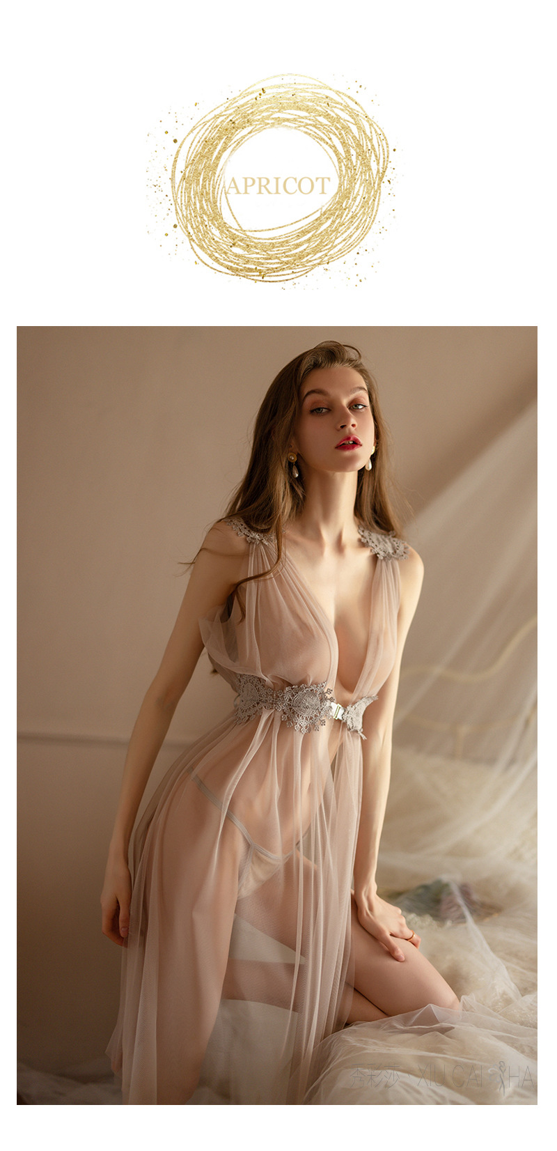 Sheer Mesh Babydoll Nightgown with Thong, Wine Red One Size — detail image 25