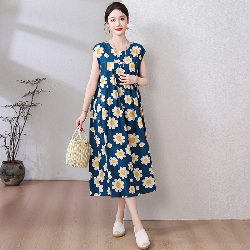 お母さんの綿のシルクのワンピースの半袖の中で老年の夏服の大きいサイズの婦人服は太ってゆったりしている人工綿のスカートの女性をプラスします。|undefined