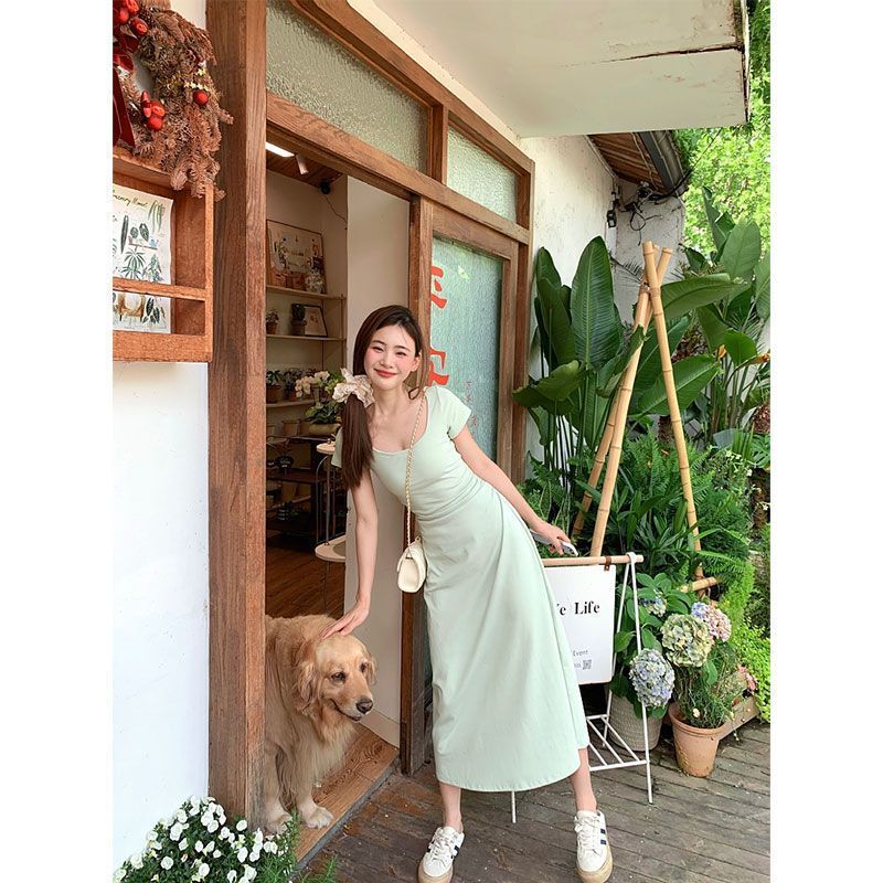 Mint Green Slim-Fit Dress for Women, Summer French-Style Waist-Cinching Bodycon Long Dress Set for Women