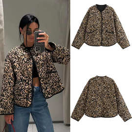 亚马逊跨境秋季新品 女装 动物纹印花豹纹长袖棉服夹克外套