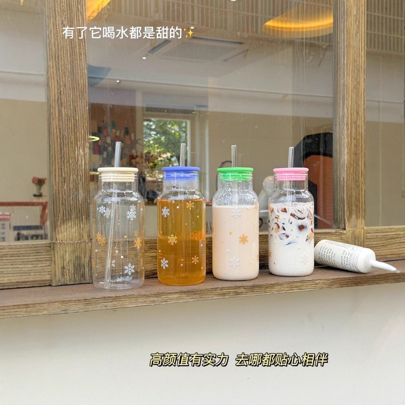 ins网红吸管杯子大容量耐高温玻璃杯家用透明简约水杯高颜值带盖|undefined