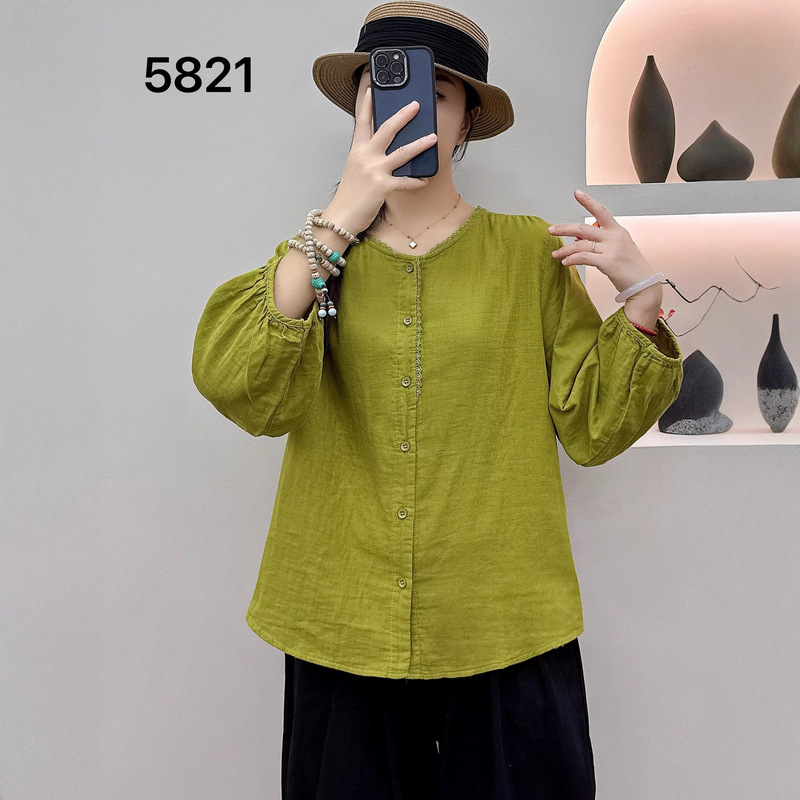 2025 Autumn Double-Layer Yarn Long-Sleeved Shirt Loose Cotton Yarn Literary Retro Lace Round Neck Cardigan Top