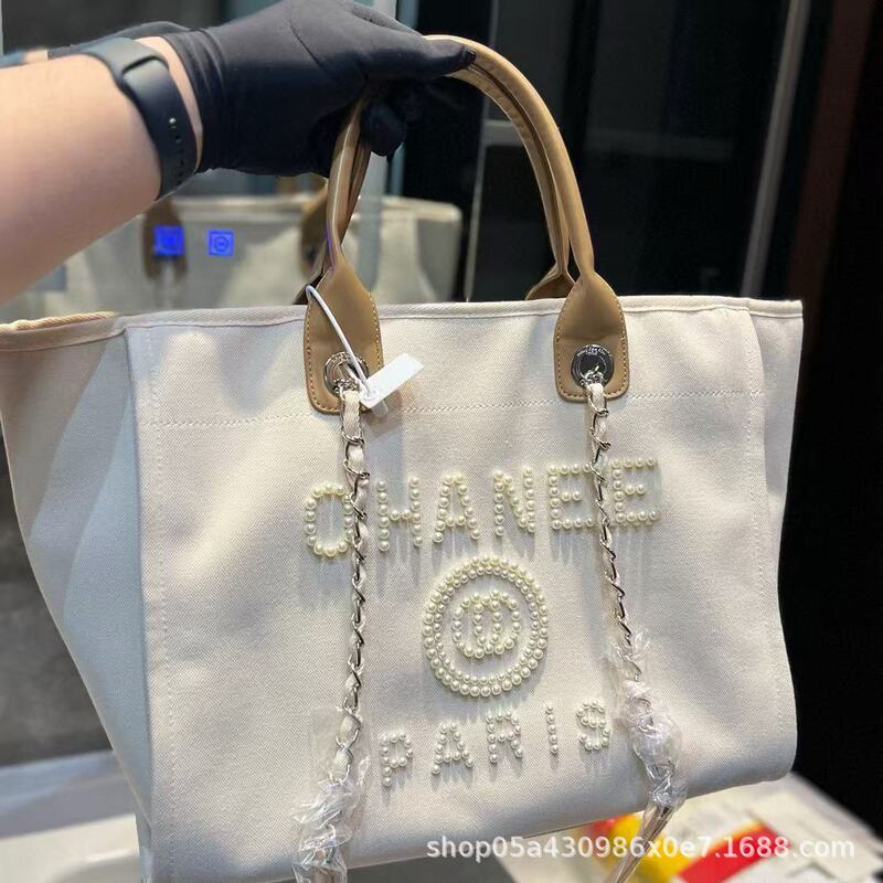 Super Pearl Embroidered Large Capacity Portable Tote Bag Beach Bag Same Brand Canvas Shopping Bag Women's Bag