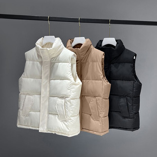 2024 Spring and Autumn New Korean Style Cotton Short-Sleeved Vest Women's Solid Color Stand Collar down Cotton Vest Vest for Outerwear