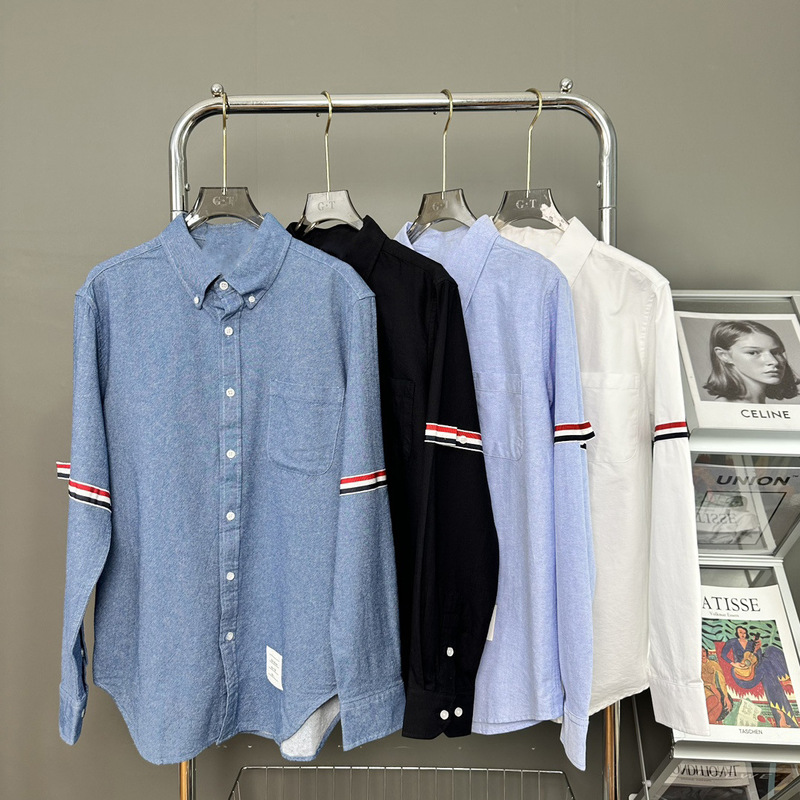 Tb White Shirt for Men and Women, Oxford Spinning Ol Professional Casual Red, White and Blue Webbing Long-Sleeved Couple's All-Match Shirt