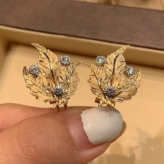 意大利拉丝织纹雕金工艺葡萄叶耳环高级感双色金枫叶耳钉耳拍女