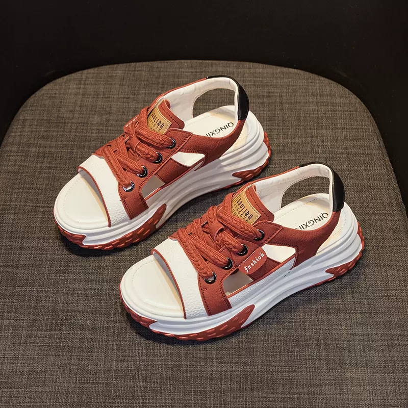 凉鞋女皮面2025年夏季新款镂空松糕增高6cm厚底百搭时装休闲凉鞋