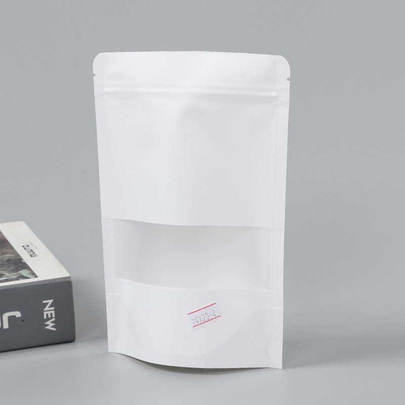 Spot bolsa de papel kraft con ventana transparente bolsa de embalaje de alimentos autosellada autoportante bolsa de té sellada de ocho lados fácil de rasgar