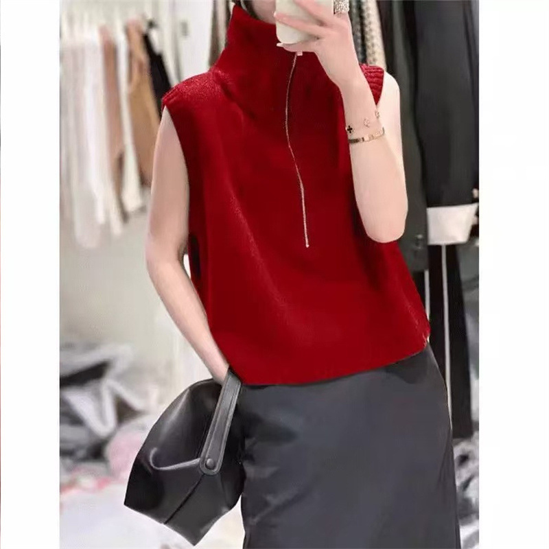 2025 新しいニットベスト女性のための春と秋の多用途ハイカラージッパー無地ルーズノースリーブベストトップ|undefined