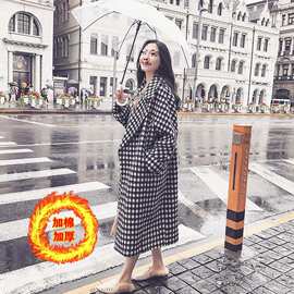 新千鸟格加棉加厚大衣女2026秋冬宽松显瘦长款过膝复古潮毛呢风衣