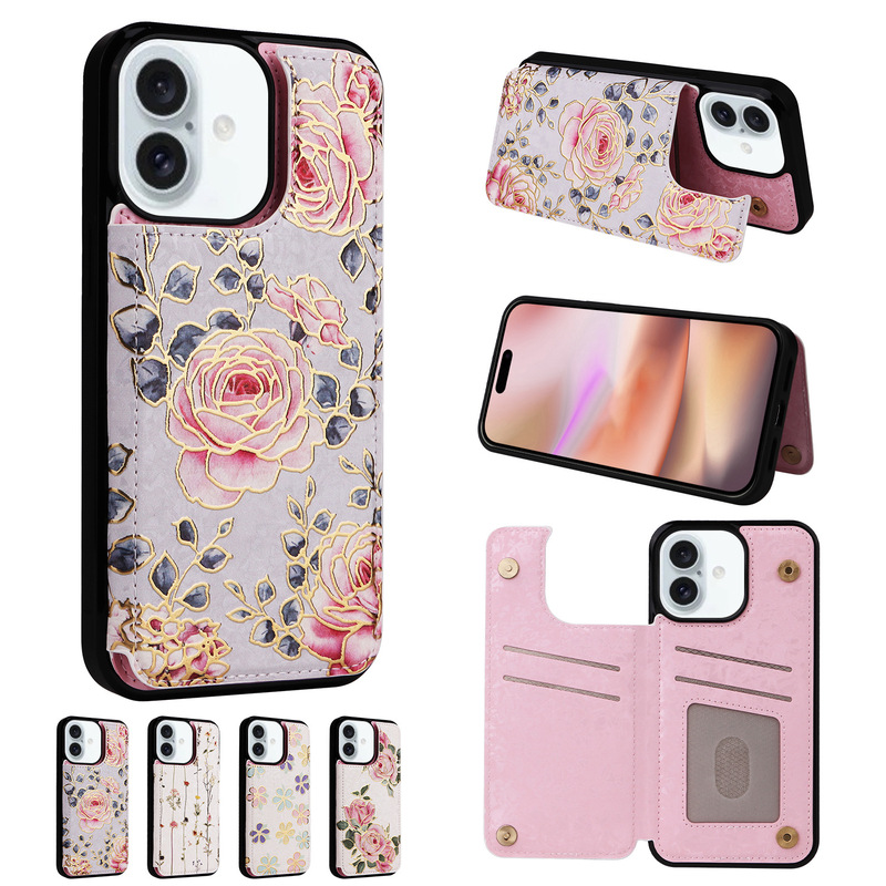 For Apple 16 Painted Double Buckle Four-Insert Card Wallet Case 16pro Max Full Covering Drop-Resistant Case Protective Case