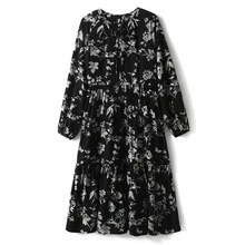 25春夏新款复古浪漫长袖印花真丝混纺连衣裙气质优雅中长裙