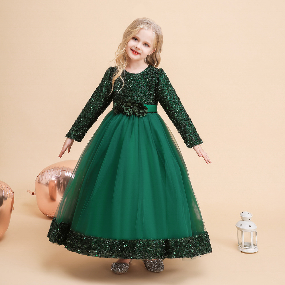Europa y América eBay nuevo anfitrión vestido de noche manga larga lentejuelas malla pettiskirt medio y grandes niños largo vestido de niña