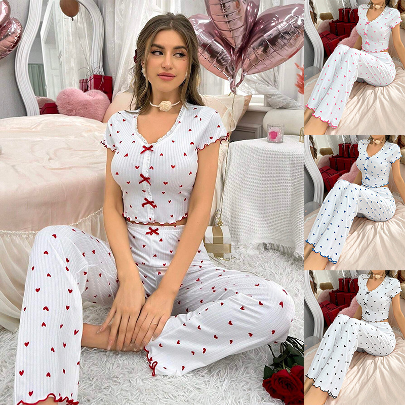 European and American Cross-Border Best-Selling Home Clothes Printed Heart V Neck Short-Sleeved Pants Suit Can Be Worn Outside Two-Piece Pajamas for Women