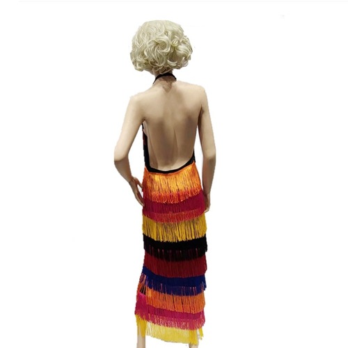 Women girls 1920 s retro Bohemian rainbow tassels skirt hanging neck sexy backless Latin dance skirt party  Flapper dress