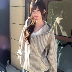 秋冬条纹连帽卫衣外套拉链女小众慵懒风设计感休闲宽松开衫A7005