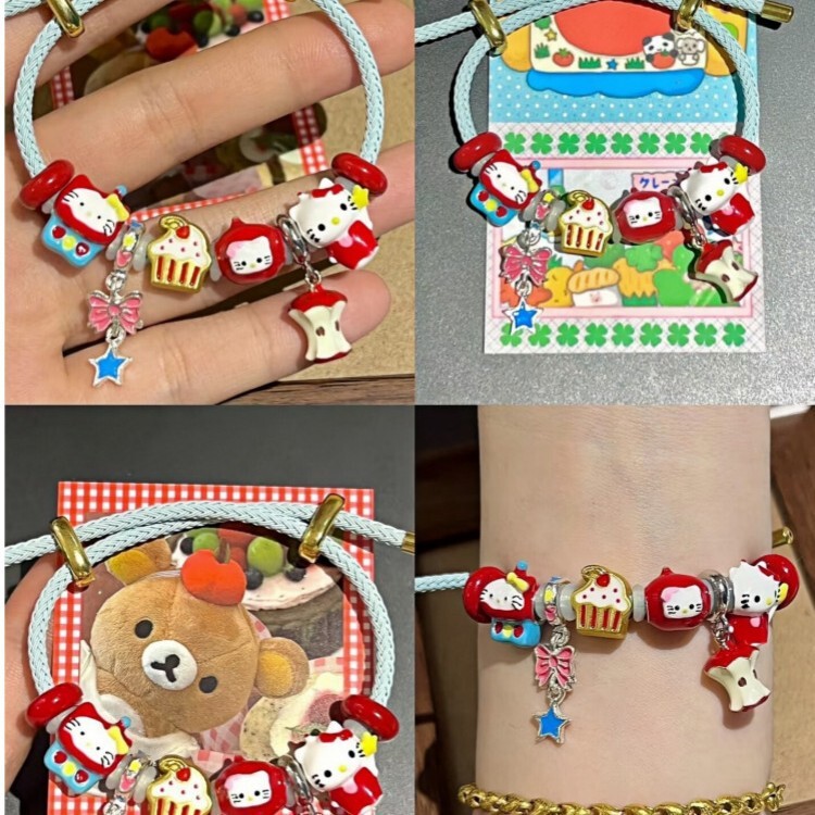 Sweet Apple Head Kitty Cat Beaded Bracelet Fashion Cute Red Small Cake Apple Nuclear Hand Rope Hand Jewelry