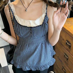 韓系の甘いレースは格子縞のストラップのベストの気質のbmの少女の偽の2つの年齢の純欲の百合の上着をつなぎ合わせます。