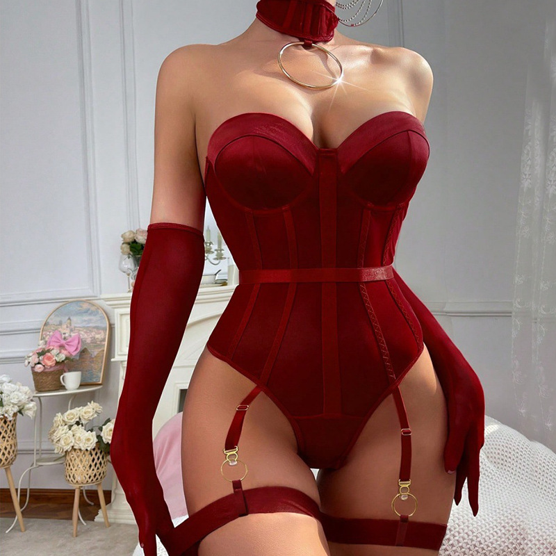 Cross-Border Foreign Trade Red Strapless Corset Bodysuit Set with Neck Ring and Garter Belt, Sexy See-Through Lingerie Cross-Border Foreign Trade Red Strapless Corset Bodysuit Set with Neck Ring and Garter Belt, Sexy See-Through Lingerie