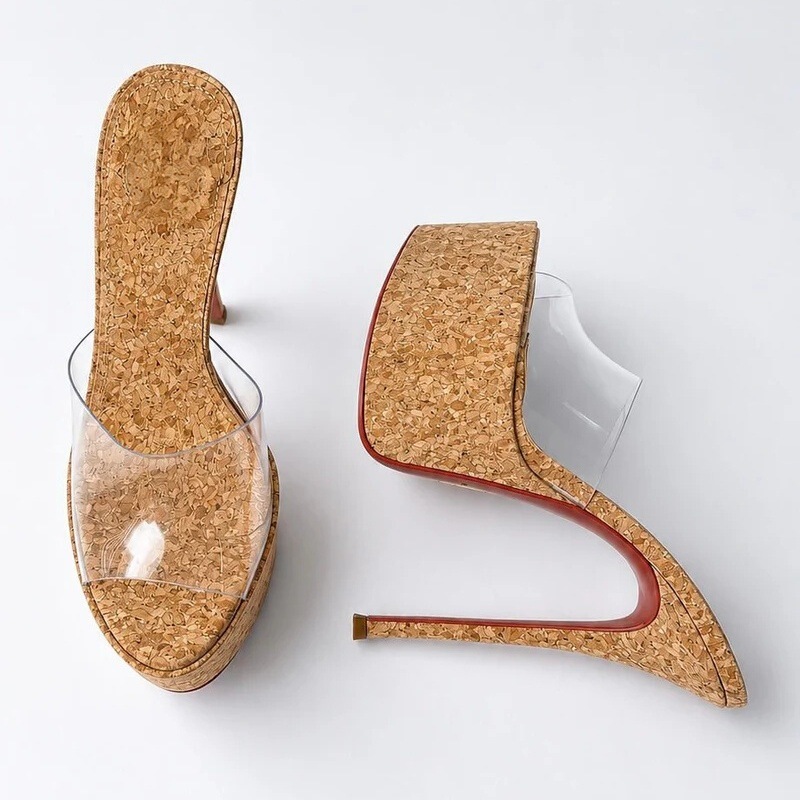 European and American Style Runway Platform High-Heeled Sandals Pvc Wood Grain Pattern Thin Heel Height-Increasing Women's Shoes Sandals Women 16