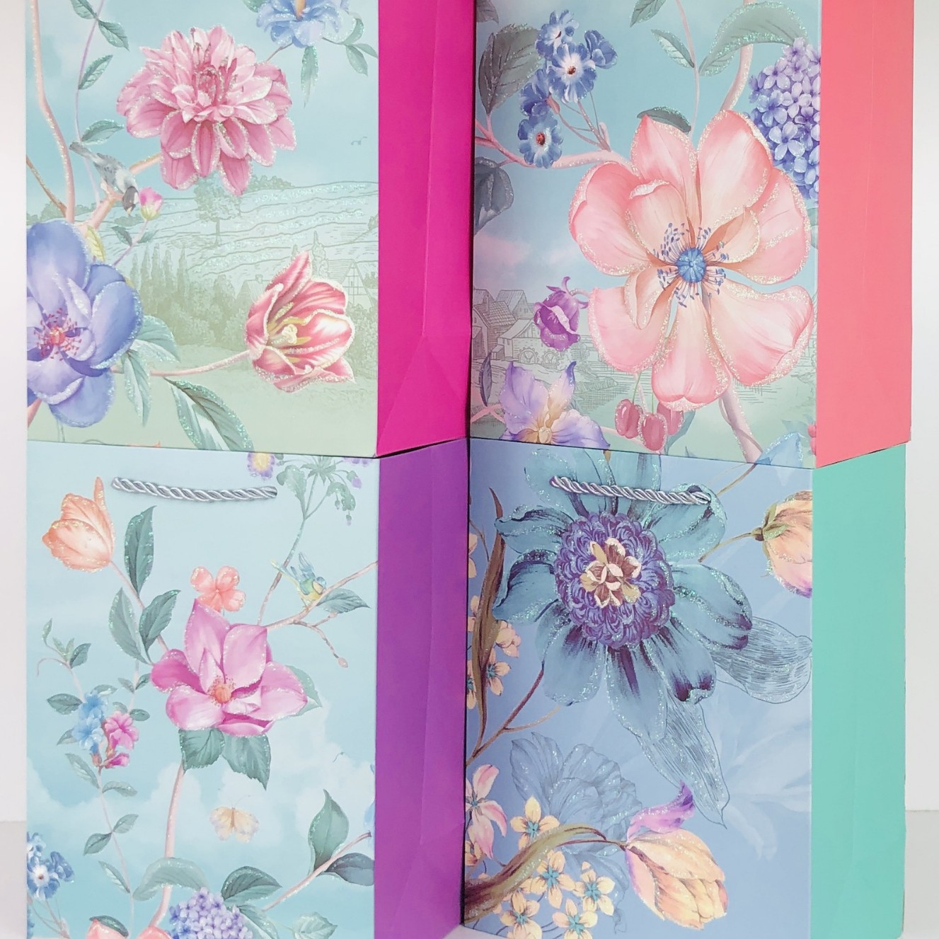 现货闪粉花卉系列手提袋礼品袋购物袋跨境专供