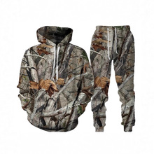 跨境 东南亚 3D数码印花树枝树叶印花 连帽带绳长衣长裤套装卫衣