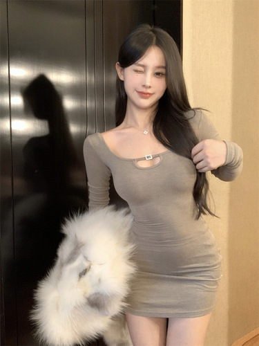 Women's American Sexy Mature Style Square Collar Long Sleeve Solid Color Base Layer Dress Autumn Quality Bustier Mini Skirt