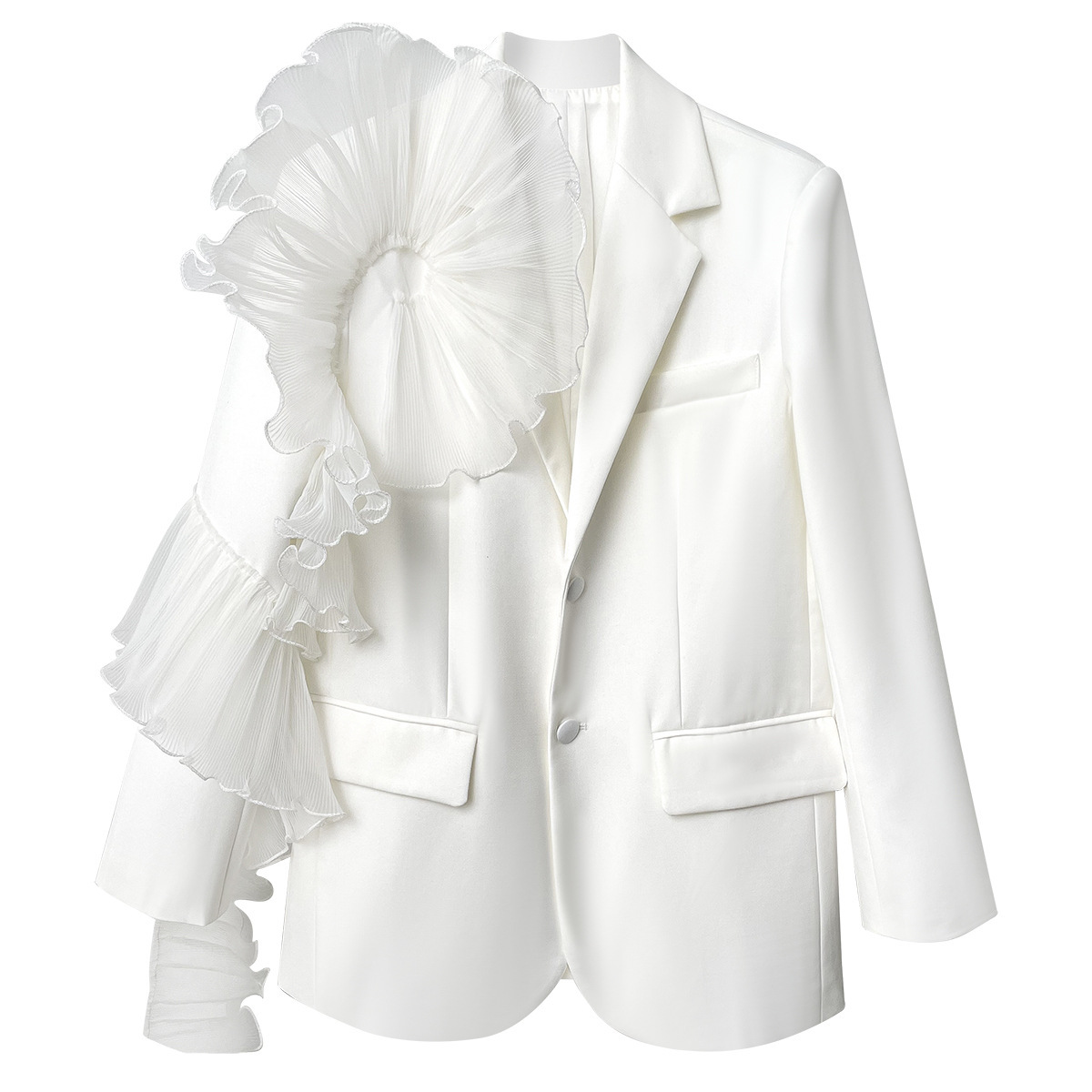 Trendy, heavy-duty design, niche style top, new autumn style, single-breasted, spliced mesh ruffle sleeve blazer