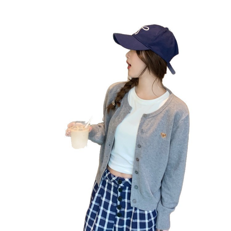 甜美清新风小熊刺绣针织毛衣外套女早秋新款百搭宽松圆领长袖开衫|undefined
