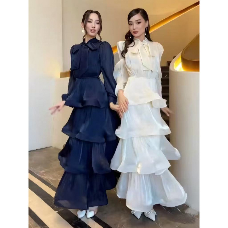 2026 Fall/Winter New French Style Ultra-Soft Satin Elegant Waist-Cinching Scarf Collar Tiered Dress Long Skirt for Women 2026 Fall/Winter New French Style Ultra-Soft Satin Elegant Waist-Cinching Scarf Collar Tiered Dress Long Skirt for Women