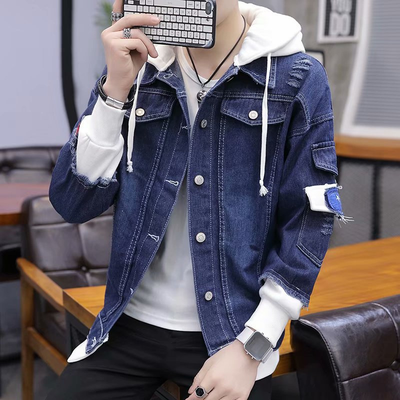 New men's ripped denim jacket, stylish men's clothing 2026, casual student faux two-piece hooded baseball jacket New men's ripped denim jacket, stylish men's clothing 2026, casual student faux two-piece hooded baseball jacket