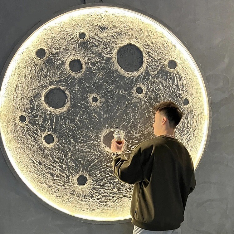 3D Stereo Relief Moon Lamp Wall Lamp Internet Celebrity Camping Style Restaurant Bar Background Wall Decoration Round Moon Mural Lamp