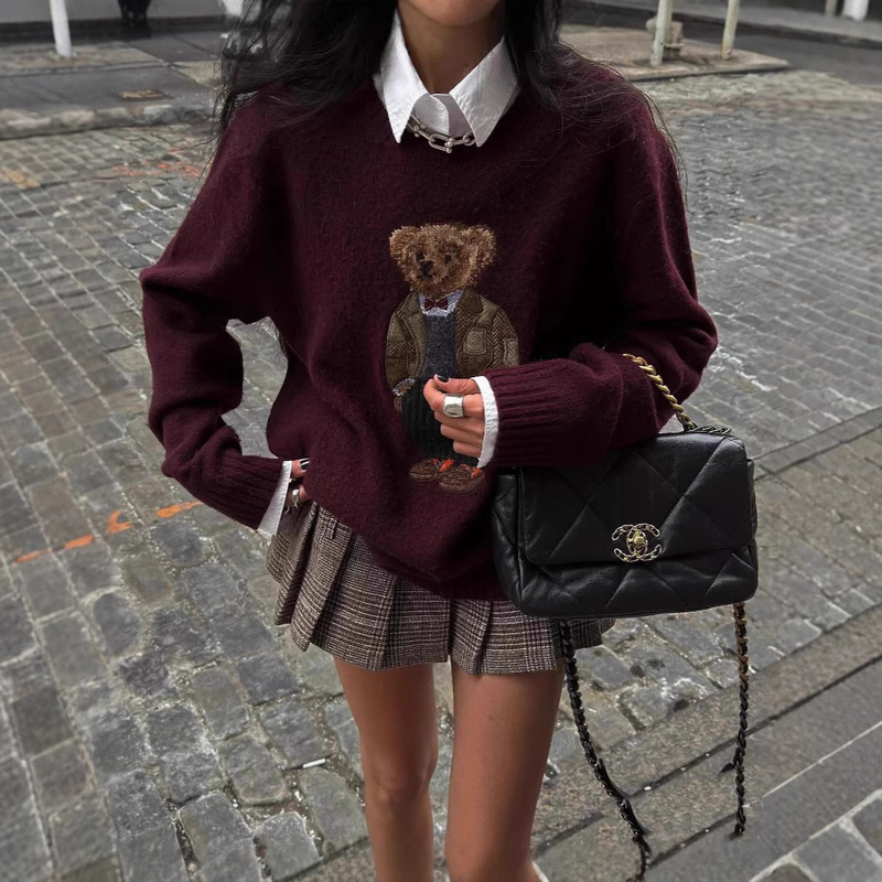 Xiaoma~Autumn and Winter Polo Bear Cashmere Round Neck Knitted Long-Sleeved Loose British Style Age-Reducing Embroidered Bear Cartoon Hair