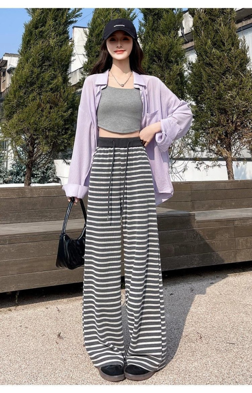 深灰色条纹裤子女垂感阔腿裤秋季新款高腰宽松直筒休闲裤女慵懒风|undefined