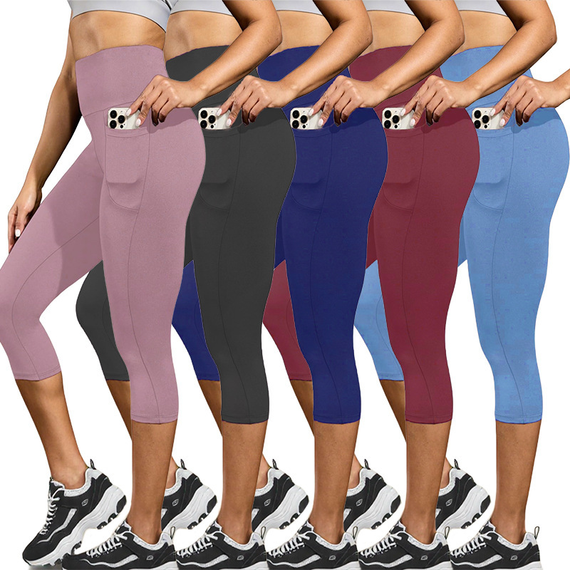 Cross-Border European and American Pocket Cropped Yoga Pants for Women, Spring and Summer High-Waisted Tummy Control Tight-Fitting Outerwear Cropped Leggings Cross-Border European and American Pocket Cropped Yoga Pants for Women, Spring and Summer High-Waisted Tummy Control Tight-Fitting Outerwear Cropped Leggings