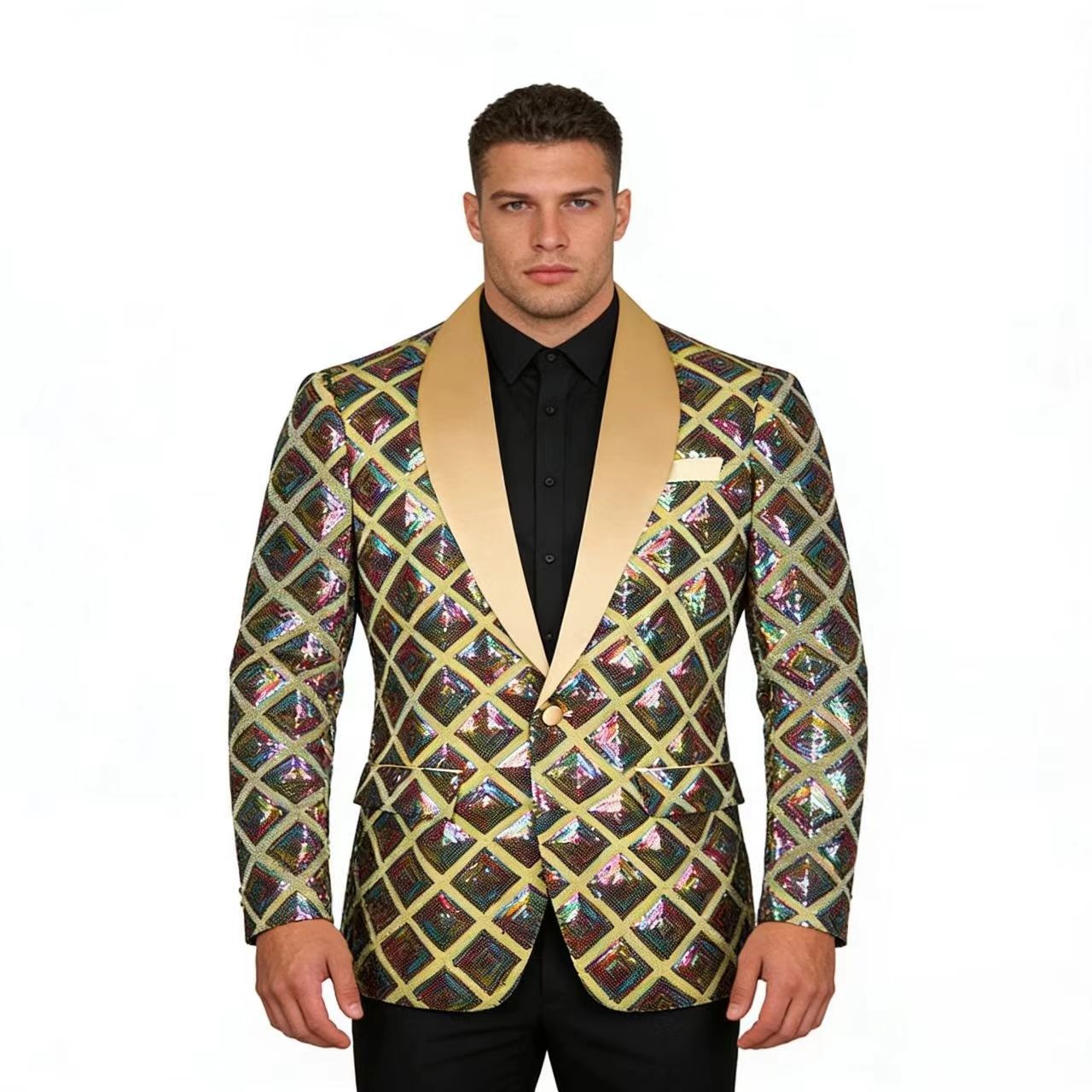 2026 Cross-Border Men's Sequin Iridescent Reversible Fish Scale Sequin Performance Suit Dress with Green Fruit Collar and Embellished Suit Jacket
