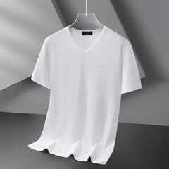 モーダルアイスシルク半袖Tシャツメンズ夏薄手Vネックピュアブラック無地新作速乾半袖Tシャツ
