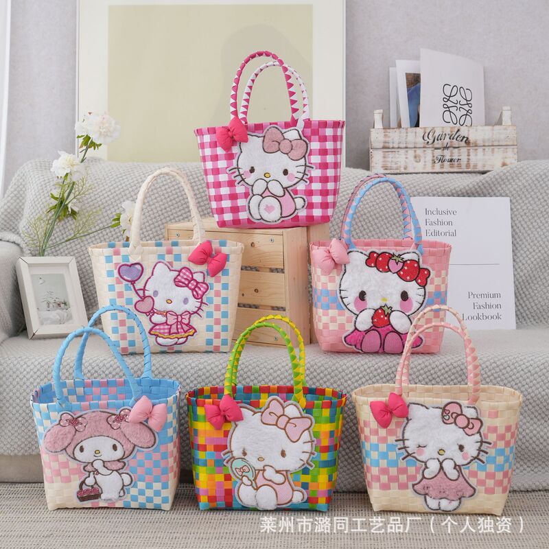 Cute Kt Cat Spring Outing Picnic Bag Satchel Plastic Woven Bag Large Capacity Woven Bag Small Fresh Versatile Handbag