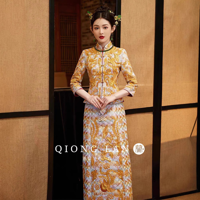 Manxiu Jacket Huang Dragon and Phoenix Jacket 2025 New High Ding Xiuhe Dress Bride Wedding Dress Chinese Style Show Kimono